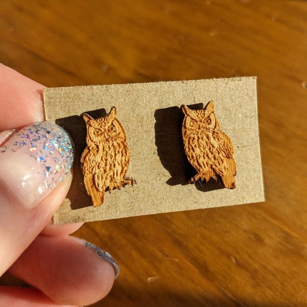 Wooden Owl Stud Earrings